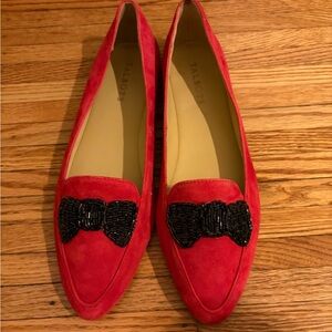 Talbots Vibrant Red Suede Flats with Black Bow Accent